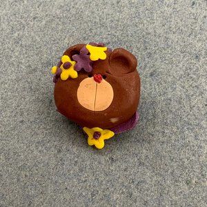 Brown Bear Pin Brooch As Is Yellow Purple Flowers